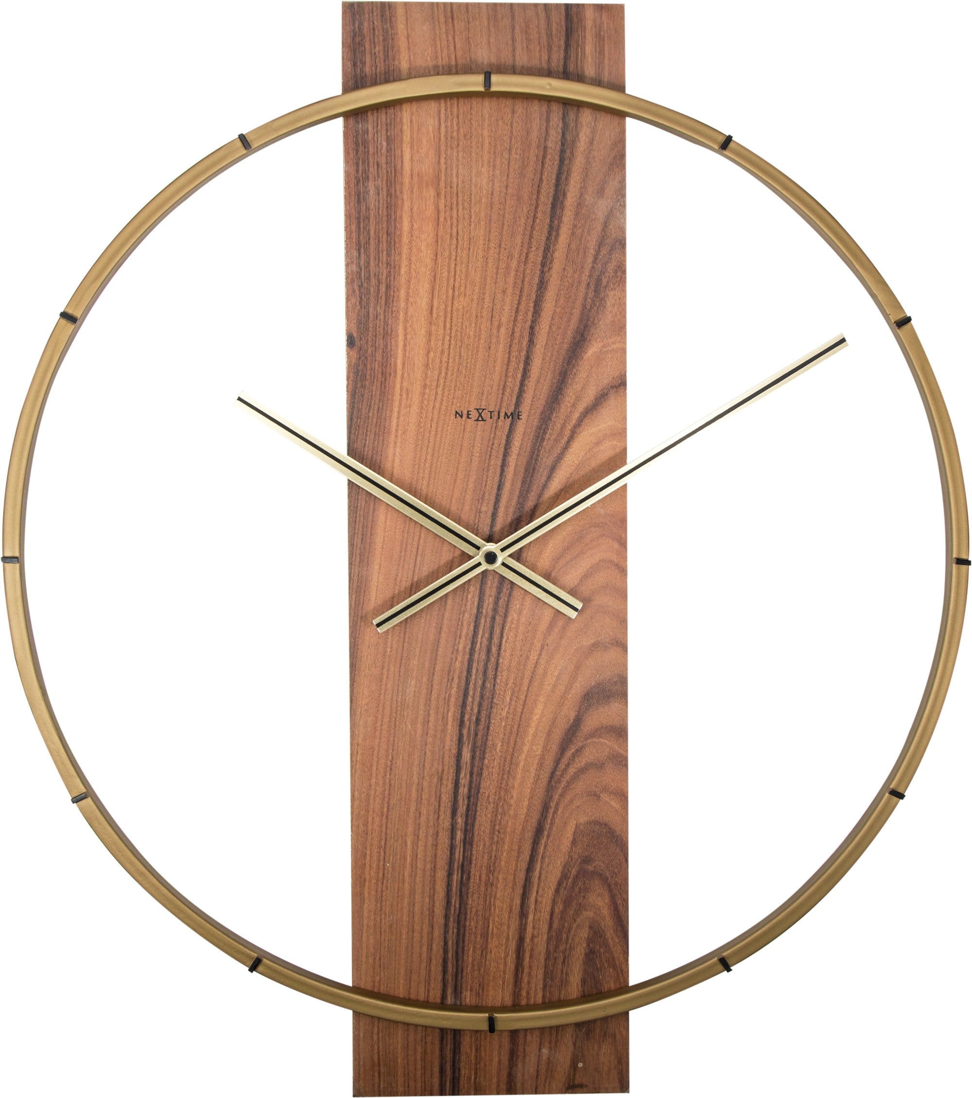 NeXtime wall clock with wooden face and steel frame, measuring 50.8 x 58.2 x 4.3 cm, modern design for home decor.